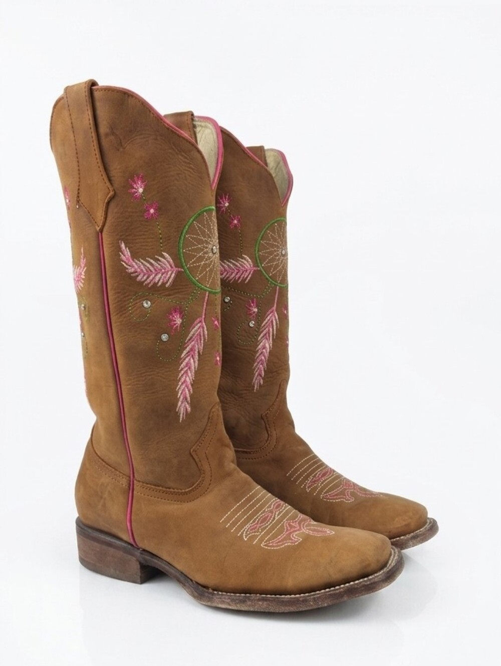 Western Cowgirl Boots Brown Leather Pink Embroidered Dreamcatcher Women’s 8